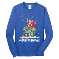 Merry Fishmas Santa Riding Fish Christmas Lights Fishing Rod Gift Tall Long Sleeve T-Shirt