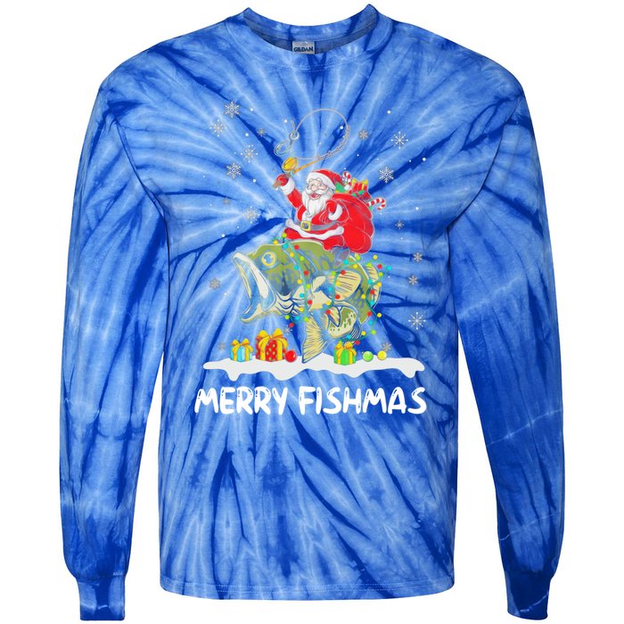 Merry Fishmas Santa Riding Fish Christmas Lights Fishing Rod Gift Tie-Dye Long Sleeve Shirt