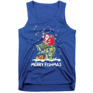 Merry Fishmas Santa Riding Fish Christmas Lights Fishing Rod Gift Tank Top