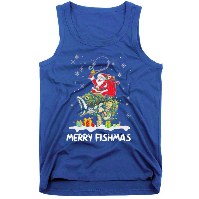 Merry Fishmas Santa Riding Fish Christmas Lights Fishing Rod Gift Tank Top