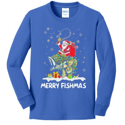 Merry Fishmas Santa Riding Fish Christmas Lights Fishing Rod Gift Kids Long Sleeve Shirt