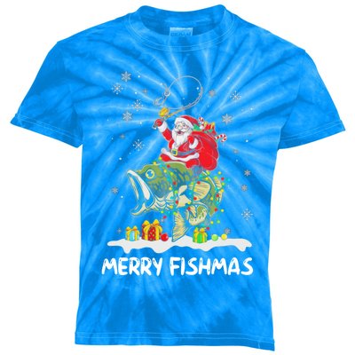 Merry Fishmas Santa Riding Fish Christmas Lights Fishing Rod Gift Kids Tie-Dye T-Shirt