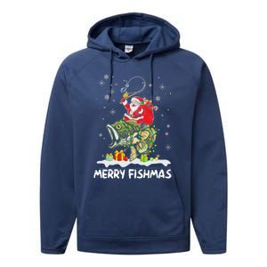 Merry Fishmas Santa Riding Fish Christmas Lights Fishing Rod Gift Performance Fleece Hoodie