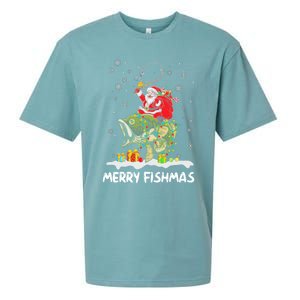 Merry Fishmas Santa Riding Fish Christmas Lights Fishing Rod Gift Sueded Cloud Jersey T-Shirt