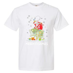 Merry Fishmas Santa Riding Fish Christmas Lights Fishing Rod Gift Garment-Dyed Heavyweight T-Shirt