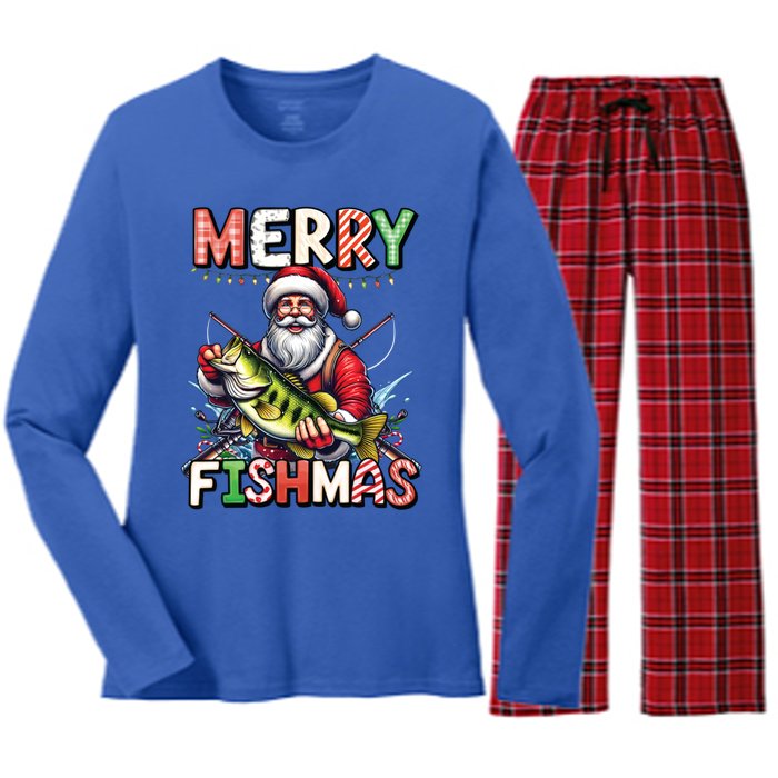 Merry Fishmas Santa Fishing Lovers Funny Fisher Christmas Gift Women's Long Sleeve Flannel Pajama Set 