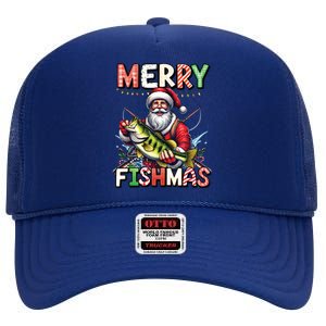 Merry Fishmas Santa Fishing Lovers Funny Fisher Christmas Gift High Crown Mesh Back Trucker Hat