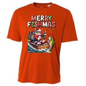 Merry Fishmas Santa Fishing Lovers Funny Fisher Christmas Funny Gift Cooling Performance Crew T-Shirt