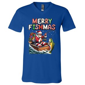 Merry Fishmas Santa Fishing Lovers Funny Fisher Christmas Funny Gift V-Neck T-Shirt