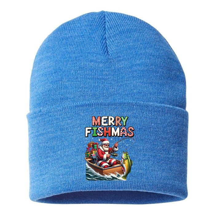 Merry Fishmas Santa Fishing Lovers Funny Fisher Christmas Funny Gift Sustainable Knit Beanie