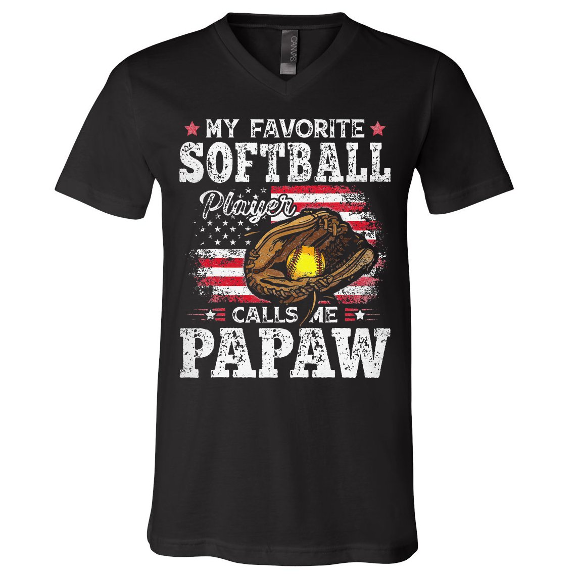 My Favorite Softball Player Calls Me Papaw American Flag V-Neck T-Shirt