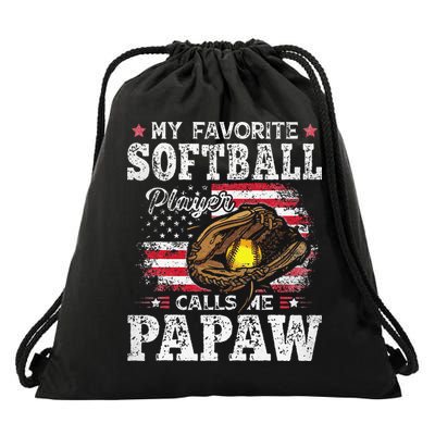My Favorite Softball Player Calls Me Papaw American Flag Drawstring Bag