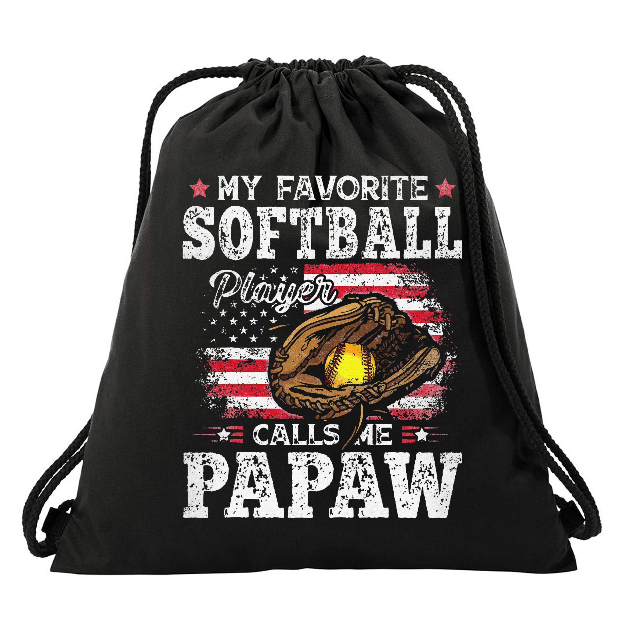 My Favorite Softball Player Calls Me Papaw American Flag Drawstring Bag