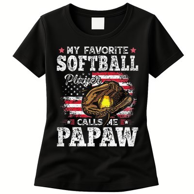 My Favorite Softball Player Calls Me Papaw American Flag Womens T-Shirt
