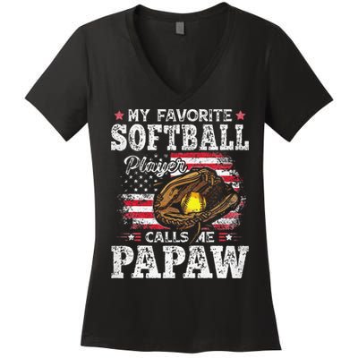 My Favorite Softball Player Calls Me Papaw American Flag Women's V-Neck T-Shirt