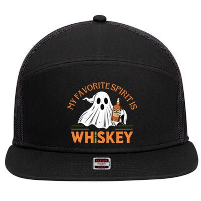 My Favorite Spirit Is Whiskey Funny Halloween Design 7 Panel Mesh Trucker Snapback Hat