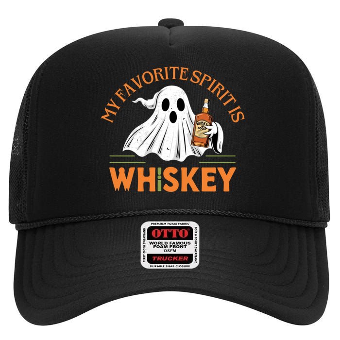 My Favorite Spirit Is Whiskey Funny Halloween Design High Crown Mesh Back Trucker Hat