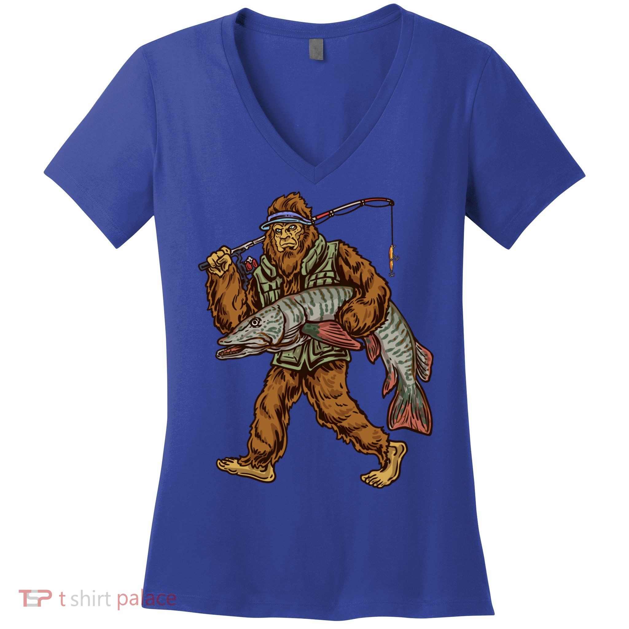 Muskie Fishing Tiger Musky Hunting Bigfoot Fisher Cool Gift Women's V-Neck T-Shirt