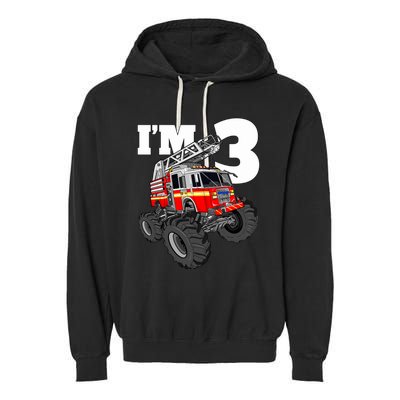 Monster Fire Truck 3rd Birthday Boy 3 Firefighter Garment-Dyed Fleece Hoodie