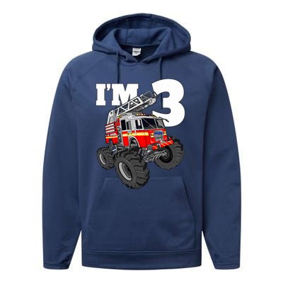 Monster Fire Truck 3rd Birthday Boy 3 Firefighter Performance Fleece Hoodie