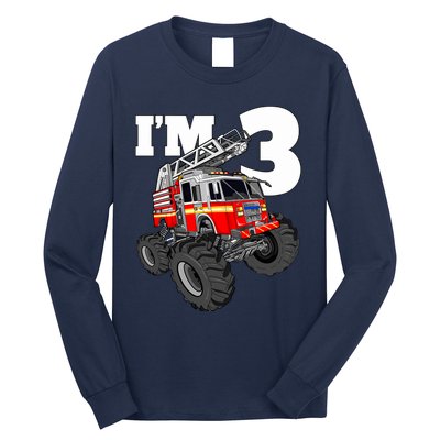 Monster Fire Truck 3rd Birthday Boy 3 Firefighter Long Sleeve Shirt