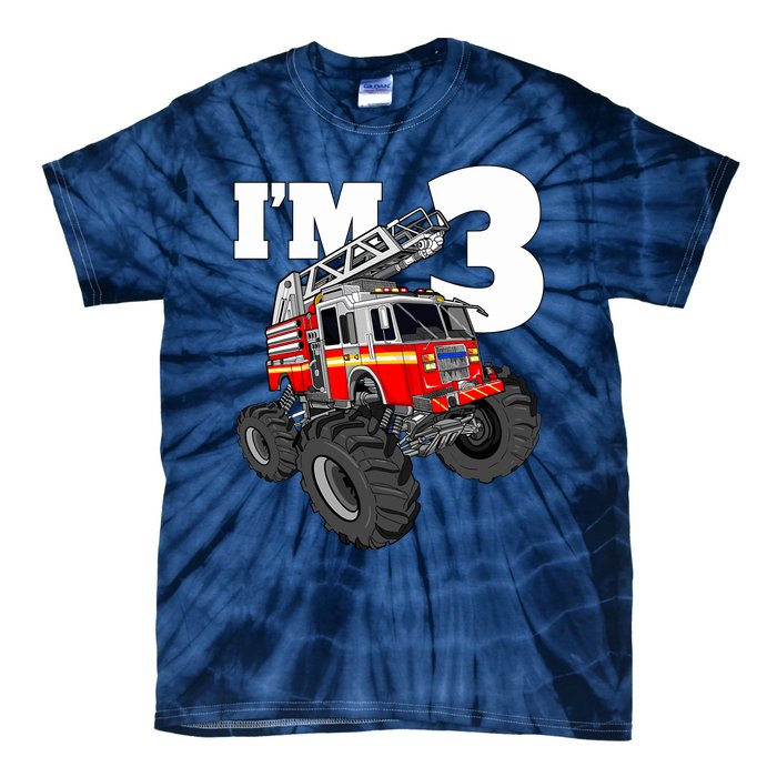 Monster Fire Truck 3rd Birthday Boy 3 Firefighter Tie-Dye T-Shirt