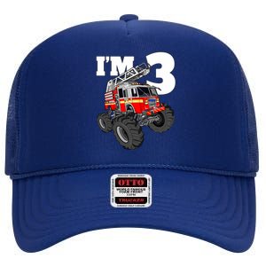 Monster Fire Truck 3rd Birthday Boy 3 Firefighter High Crown Mesh Back Trucker Hat