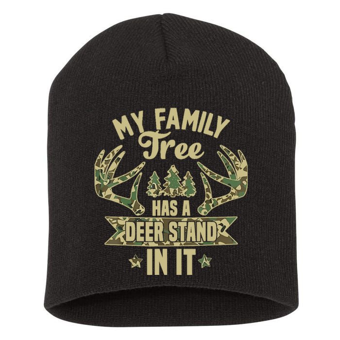 My Family Tree Has A Deer Stand In It Camo Hunting Vintage Short Acrylic Beanie