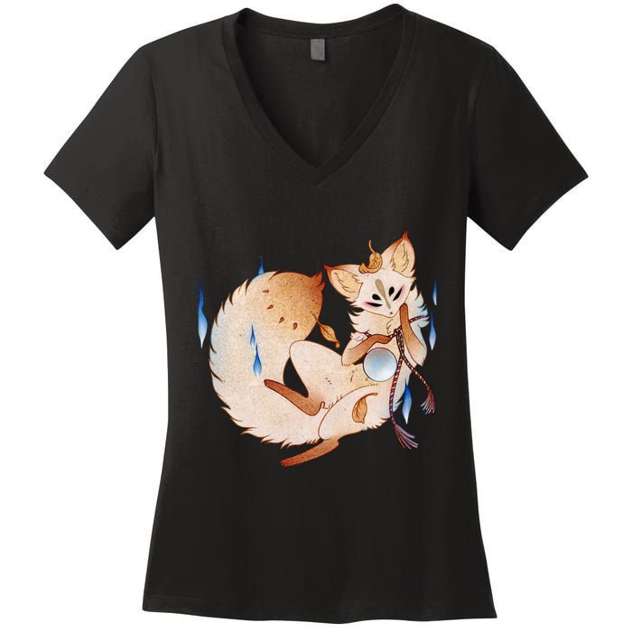 Mischievous Fox Teakitsune Yokai Kitsune Women's V-Neck T-Shirt