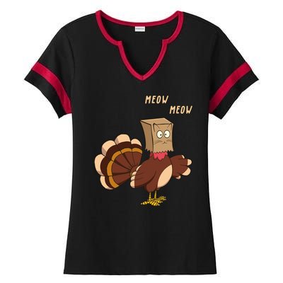 Meow Funny Thanksgiving Turkey Cat Lover Ladies Halftime Notch Neck Tee