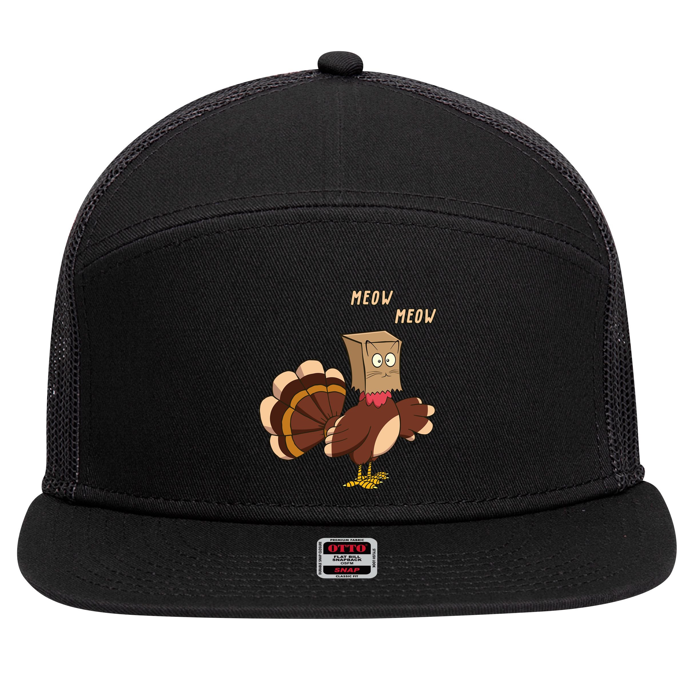 Meow Funny Thanksgiving Turkey Cat Lover 7 Panel Mesh Trucker Snapback Hat