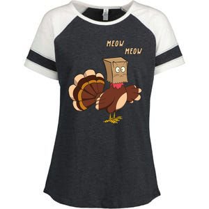 Meow Funny Thanksgiving Turkey Cat Lover Enza Ladies Jersey Colorblock Tee