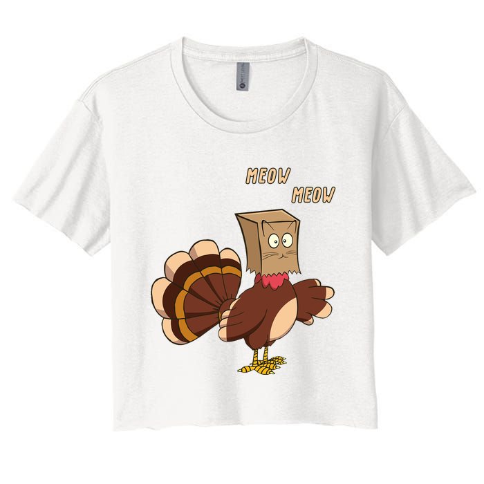 Meow Funny Thanksgiving Turkey Cat Lover Women's Crop Top Tee