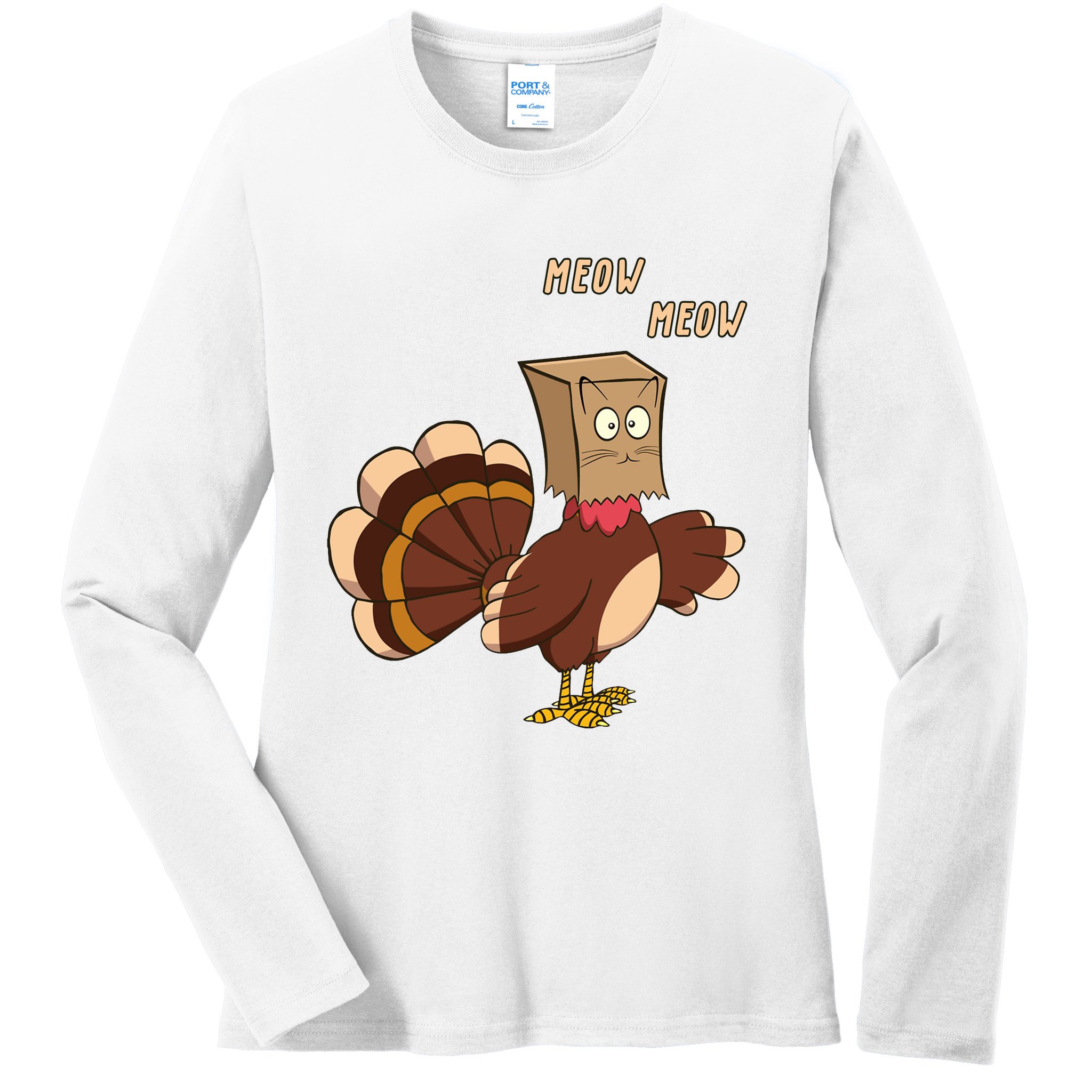 Meow Funny Thanksgiving Turkey Cat Lover Ladies Long Sleeve Shirt