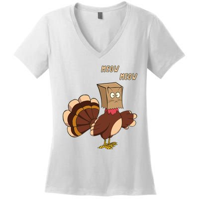 Meow Funny Thanksgiving Turkey Cat Lover Women's V-Neck T-Shirt