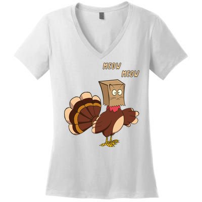 Meow Funny Thanksgiving Turkey Cat Lover Women's V-Neck T-Shirt