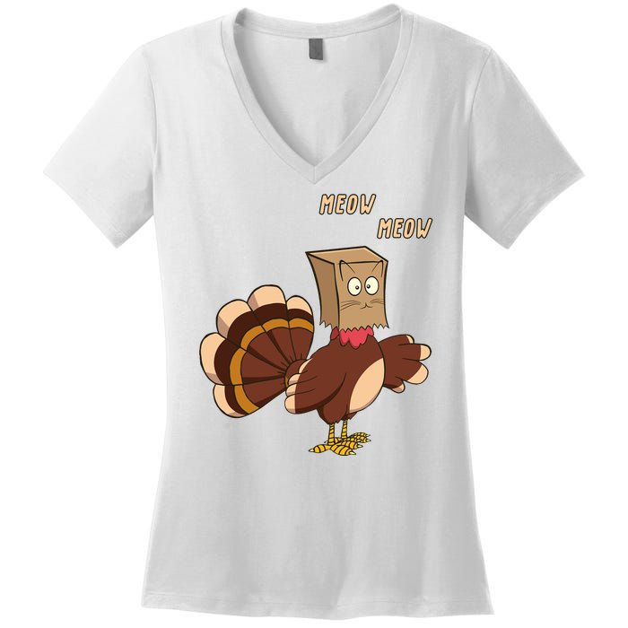 Meow Funny Thanksgiving Turkey Cat Lover Women's V-Neck T-Shirt