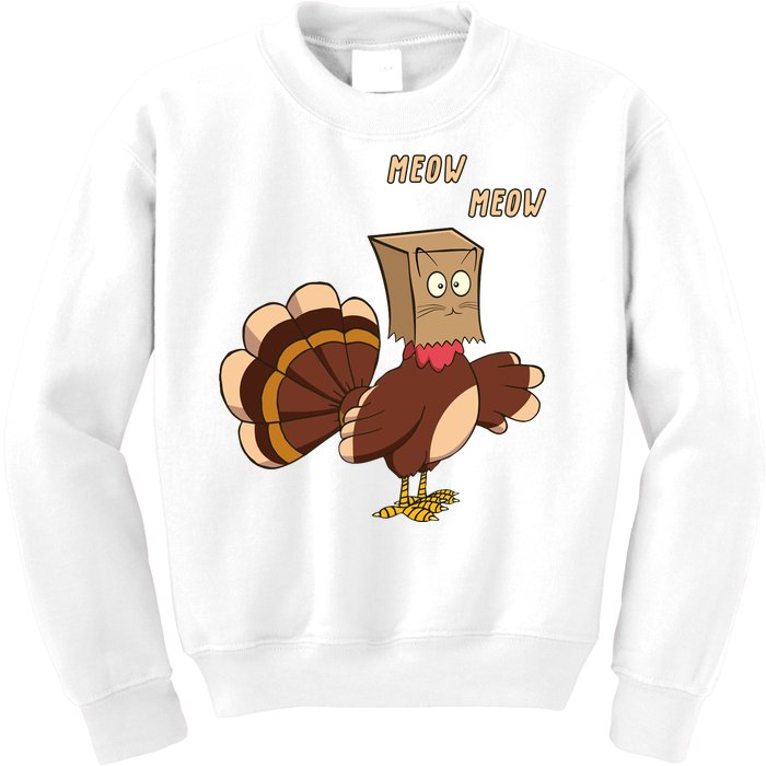 Meow Funny Thanksgiving Turkey Cat Lover Kids Sweatshirt