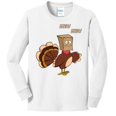 Meow Funny Thanksgiving Turkey Cat Lover Kids Long Sleeve Shirt