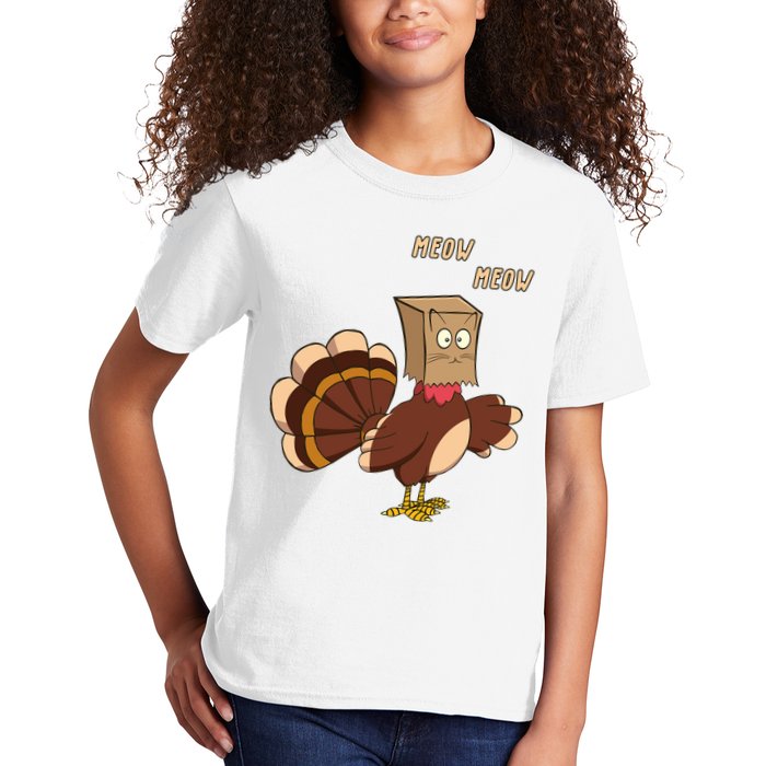 Meow Funny Thanksgiving Turkey Cat Lover Kids T-Shirt