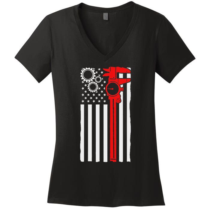 Machinist Flag Tools Cnc Machine Operator Machining Women's V-Neck T-Shirt