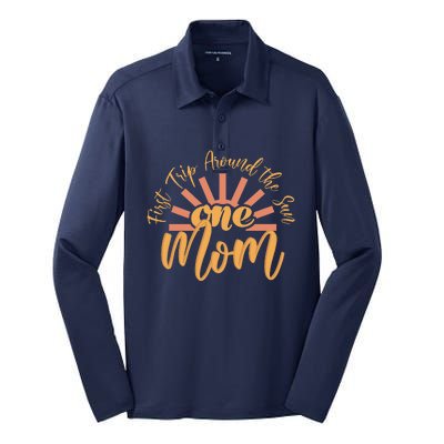 My First Trip Around The Sun Fall 1st Birthday Mom Silk Touch Performance Long Sleeve Polo