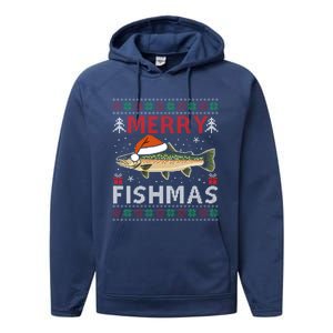 Merry Fishmas Trout Fish Ugly Christmas Funny Fishing Gift Performance Fleece Hoodie