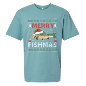 Merry Fishmas Trout Fish Ugly Christmas Funny Fishing Gift Sueded Cloud Jersey T-Shirt