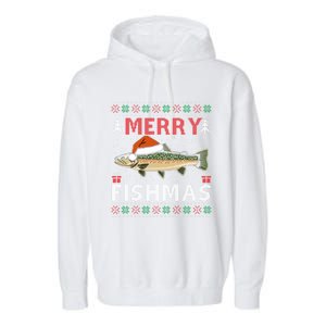 Merry Fishmas Trout Fish Ugly Christmas Funny Fishing Gift Garment-Dyed Fleece Hoodie