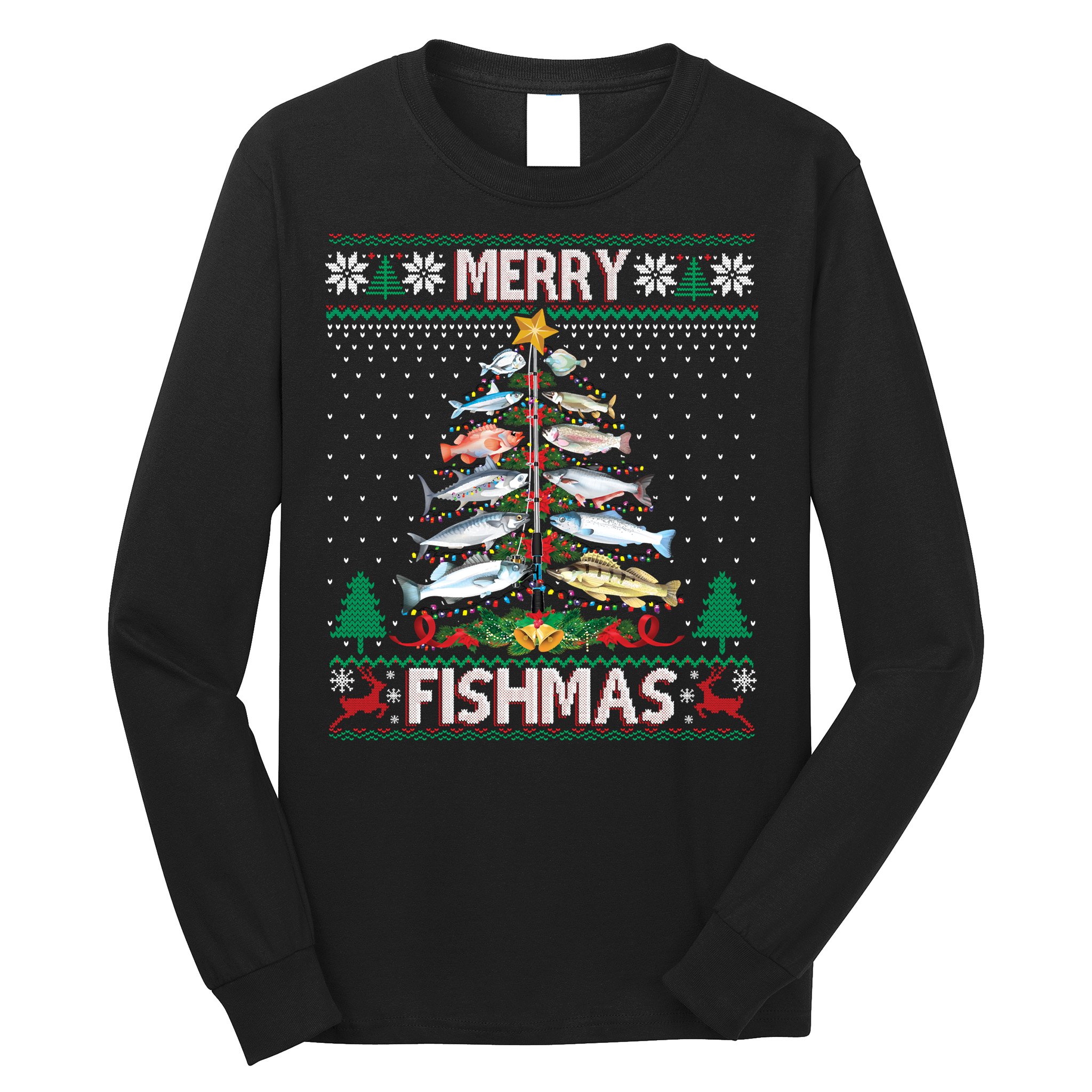 Merry Fishmas Ugly Sweater Fish Fishing Rod Christmas Tree Long Sleeve Shirt