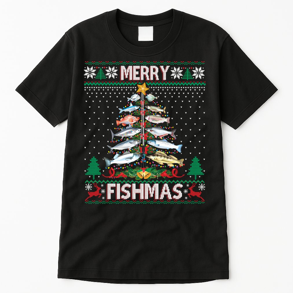 Merry Fishmas Ugly Sweater Fish Fishing Rod Christmas Tree Tall T-Shirt