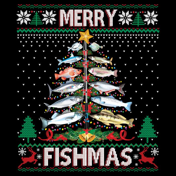 Merry Fishmas Ugly Sweater Fish Fishing Rod Christmas Tree Tall T-Shirt