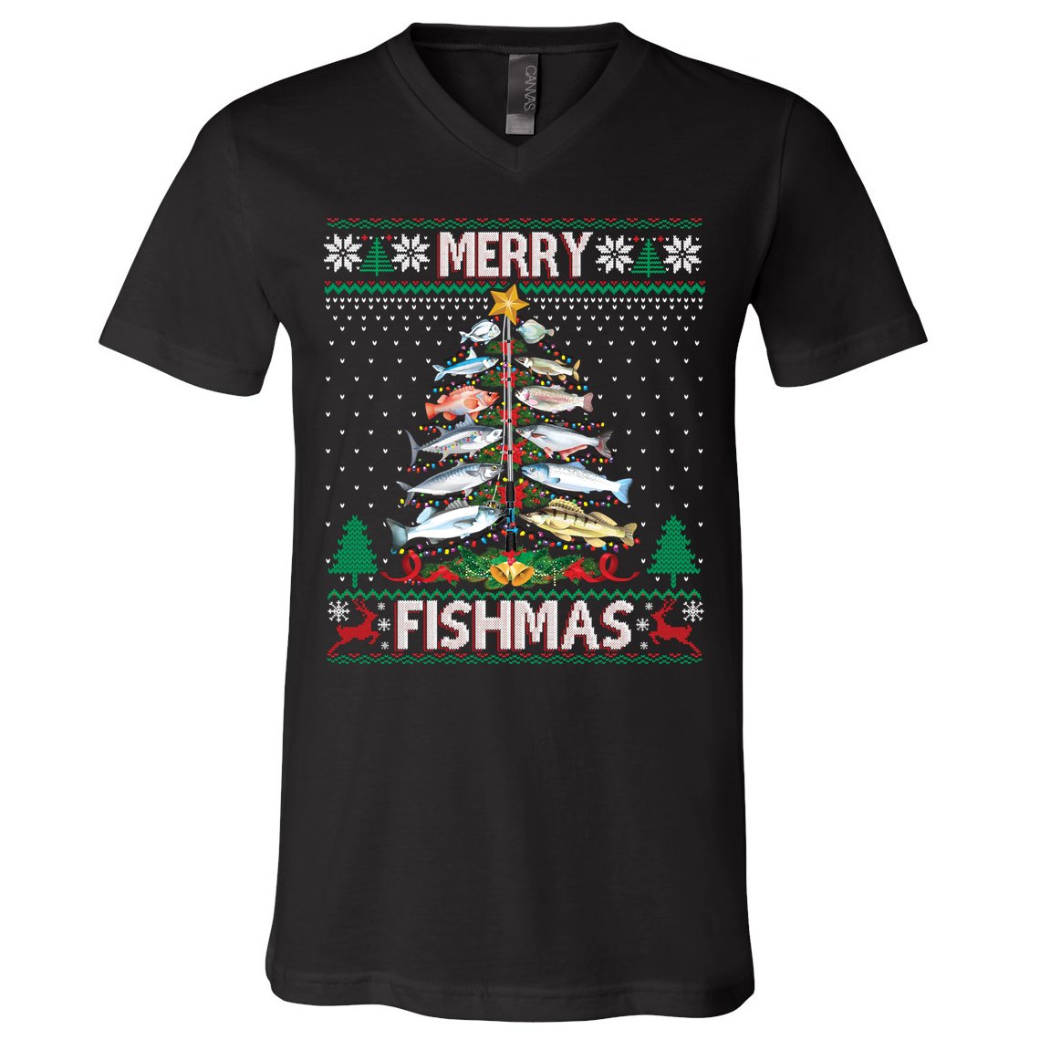 Merry Fishmas Ugly Sweater Fish Fishing Rod Christmas Tree V-Neck T-Shirt