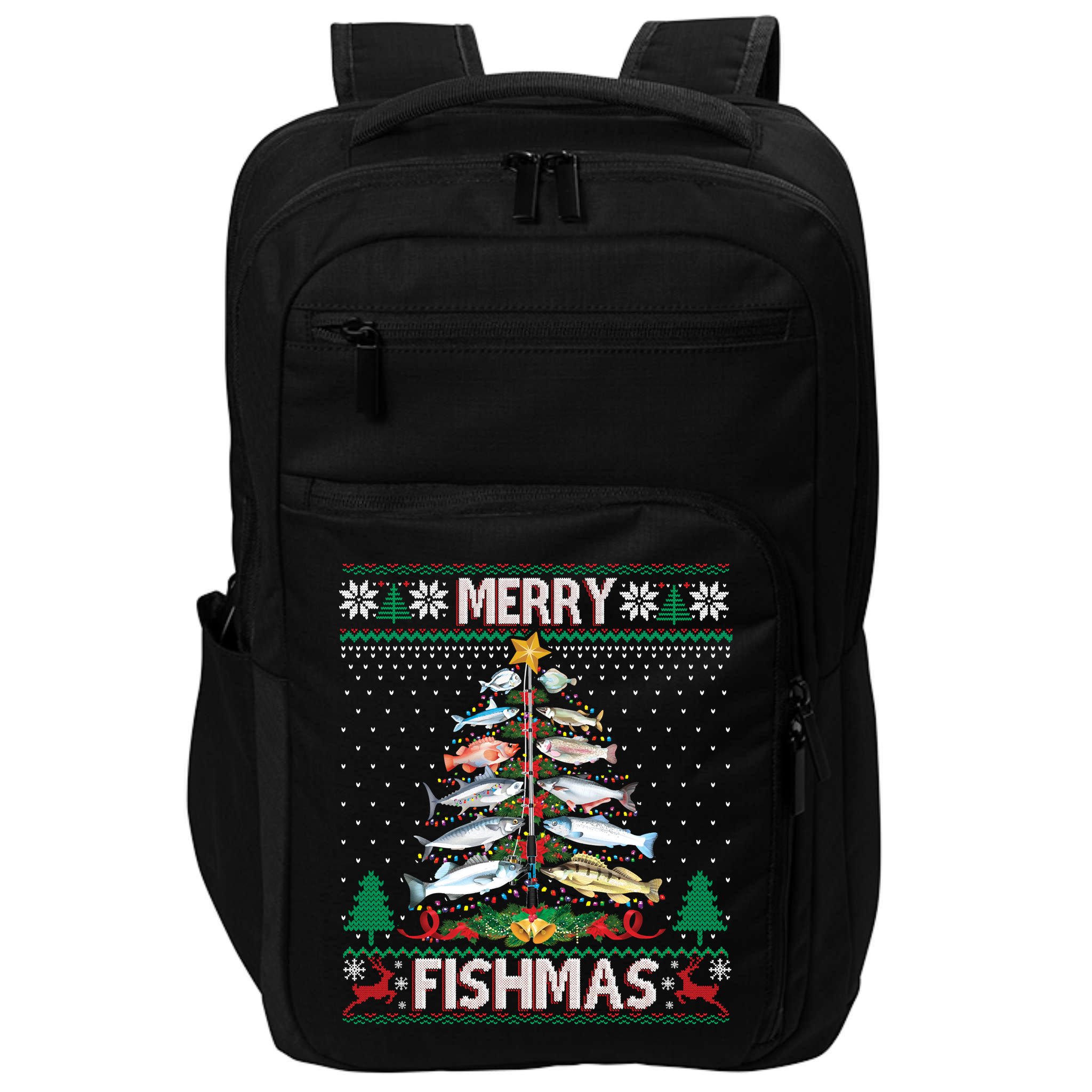 Merry Fishmas Ugly Sweater Fish Fishing Rod Christmas Tree Impact Tech Backpack